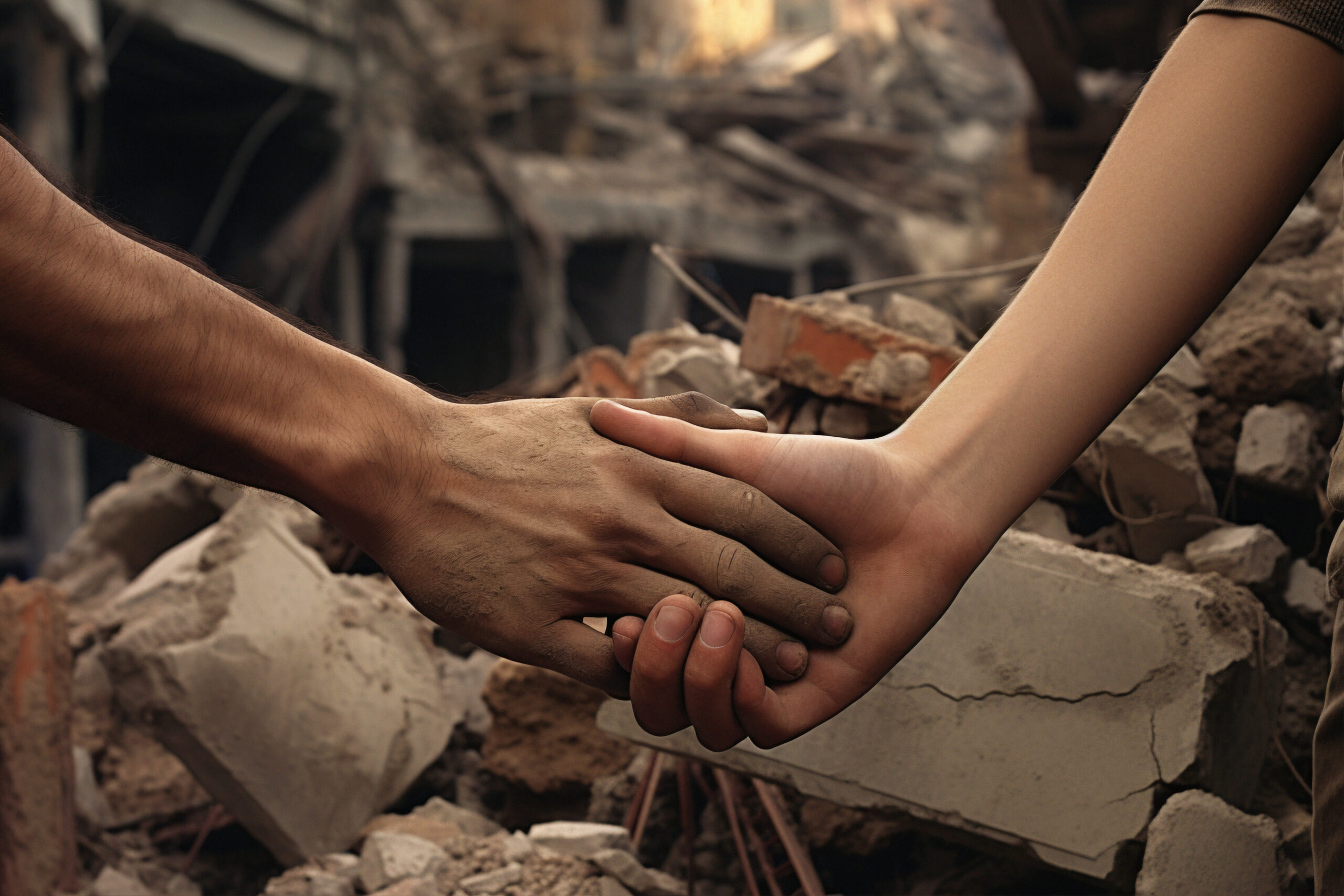 Two People Holding Hands After Earthquake